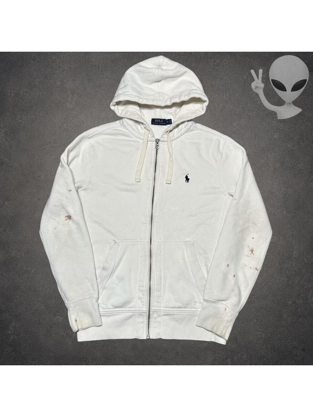 Polo Ralph Lauren Full-Zip Hoodie Mens US S White Embroidered Pony Heavy Stain